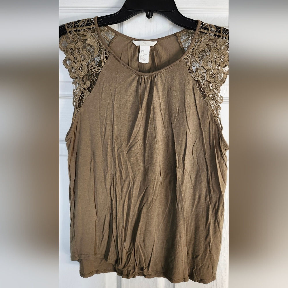 H&M Women's Olive Lace Sleeve Top - Size M